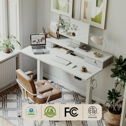 55 x 24 Inches Electric Standing Desk with 2 Storage Drawers, Stand Up Desk Adjustable Height, Sit and Stand Computer Table with Splice Board, White