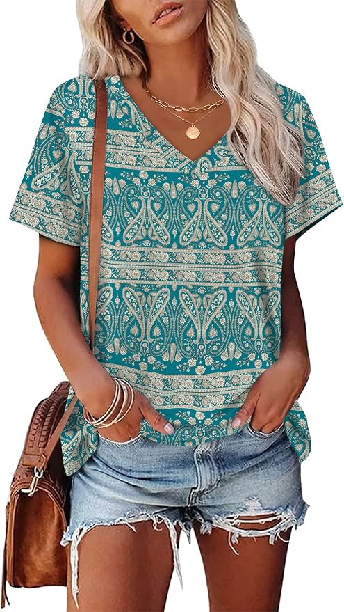 Alaroo Womens Summer Tops 2026 V Neck Short Sleeve Shirts Trendy Dressy Casual Vacation Outfits Printed