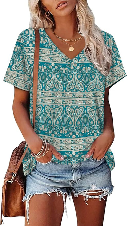 Alaroo Womens Summer Tops 2026 V Neck Short Sleeve Shirts Trendy Dressy Casual Vacation Outfits Printed