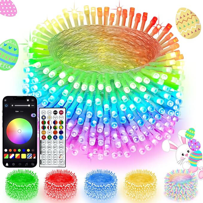 Smart Color Changing Easter Lights with Remote & App Control, 66FT 200LED RGB Pastel String Light with Timer, Music Sync Multiple Modes Twinkle Christmas Light Waterproof Indoor Outdoor Easter Decor
