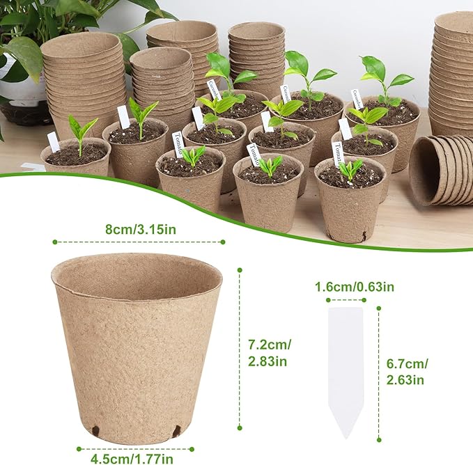 132 Pack Organic Peat Pots, 3.15 Inch Nursery Pot, Round Plant Seedling Pots with Drainage Holes, Small Seed Starting Starter Tray Bulk, Garden Germination Container with 132 Planting Labels(8 cm)