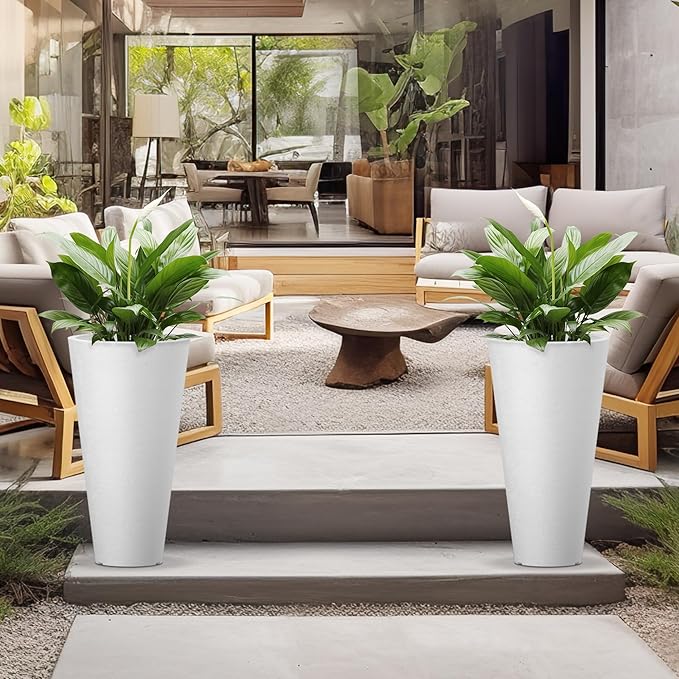 Kante Tall Round Planter Set of 2, 29 Inch Tall Decorative Planter Pots for Outdoor Indoor Garden Patio Front Porch (White)
