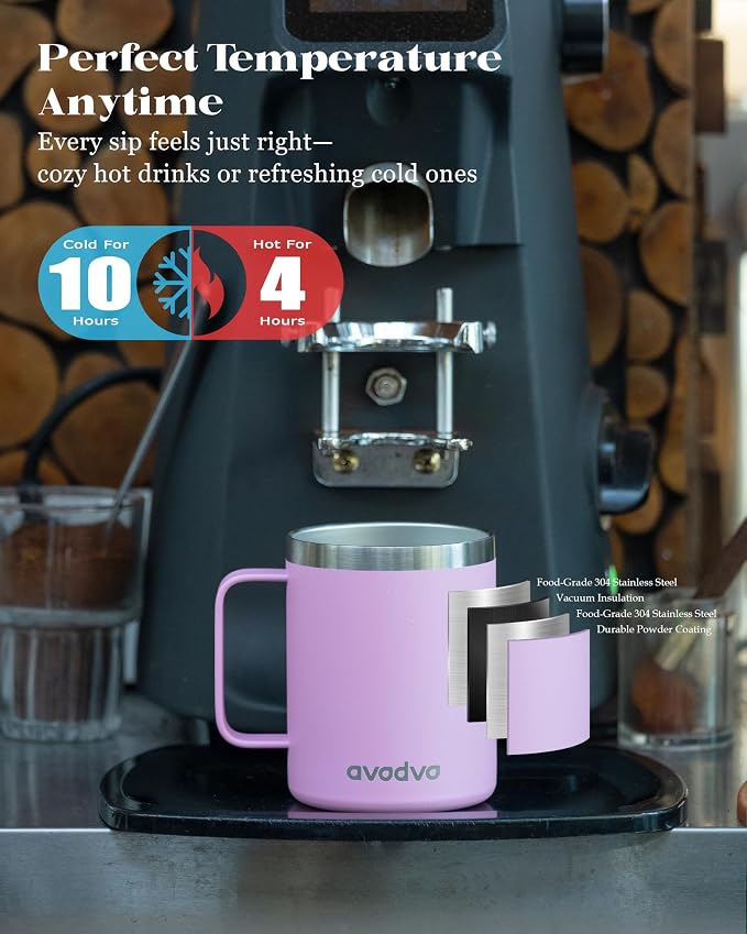 12oz Insulated Coffee Mug with Lid – Includes Two Lids, Stainless Steel Coffee Travel Mug with Handle, Double Wall Vacuum Insulated Camping Mug for Home, Office & Outdoor, Pink