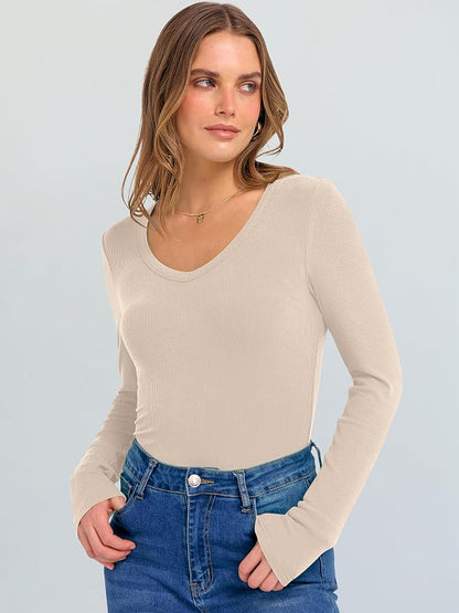 ANRABESS Long Sleeve V Neck Shirts for Women | Soft Comfy Ribbed Knit Fitted Tshirts, Casual Going Out Tops, 2026 Trendy Basic, Fall Winter Underscrub Layering Clothes