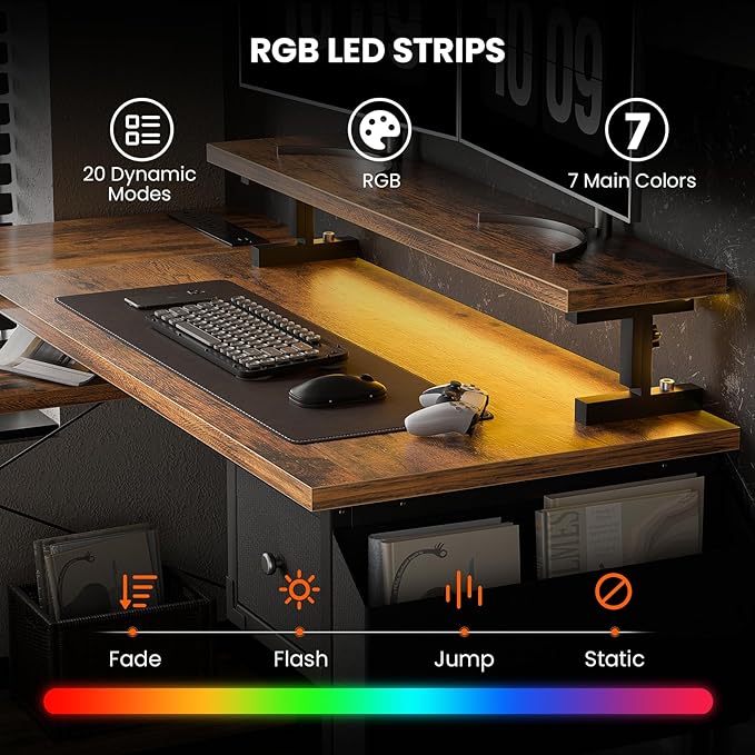 47 inch L Shaped Desk, Computer Desk, Adjustable Stand Office Desk, Power Outlets & Storage Drawer, Reversible Computer Desk with Shelves & Headset Hooks