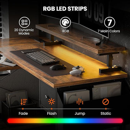 47 inch L Shaped Desk, Computer Desk, Adjustable Stand Office Desk, Power Outlets & Storage Drawer, Reversible Computer Desk with Shelves & Headset Hooks