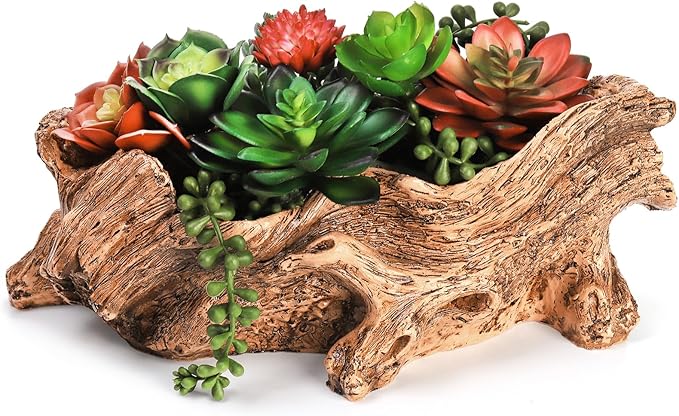 Tebery Artificial Driftwood Stump Log Planter Vintage Cactus Container with Drainage Hole, Creative Imitation Sculpture Resin Succulent Flower Pot for Herb, Strawberry, Small Plants