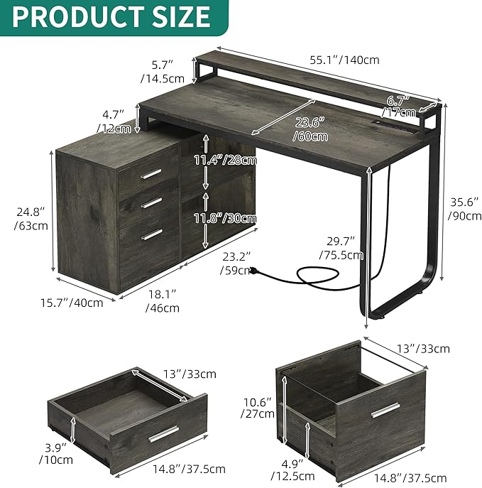 YITAHOME L Shaped Desk with Power Outlets & LED Lights & File Cabinet, 55" Corner Computer Desk with 3 Drawers and 2 Storage Shelves, Home Office Desk with Monitor Stand, Grey