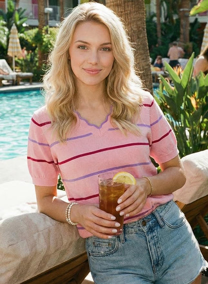 Dokotoo Womens Summer Short Sleeve Knit Tops 2026 Spring Trendy Casual V Neck Striped Sweater Blouses