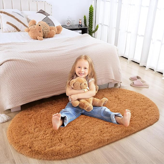 Merelax Soft Shaggy Rug for Kids Bedroom Oval 2.6'x5.3' Khaki Plush Fluffy Carpet for Living Room, Furry Carpet for Teen Girls Room, Anti-skid Fuzzy Comfy Rug for Nursery Decor Cute Baby Play Mat