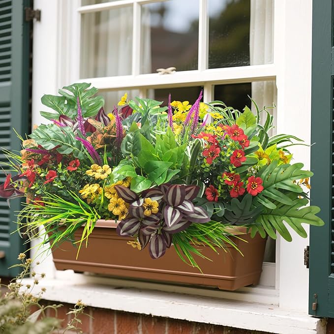 20PCS Fake Flowers UV Resistant Artificial Plants & Faux Shrubs - Outdoor Plastic Greenery Stems for Garden Porch, Window Box Planter, Home Decor(Pot Not Included)