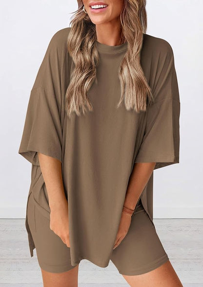 PRETTYGARDEN Women 2 Piece Lounge Set 2026 Summer Casual Oversized Shirts Biker Shorts Matching Airport Travel Outfit Clothes