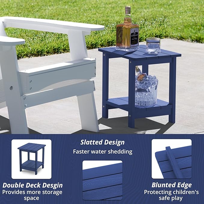LUE BONA Adirondack Outdoor Side Table, 2-Tier Navy HDPS Patio End Table Weather Resistant, Morden Side Table for Patio, Pool, Porch