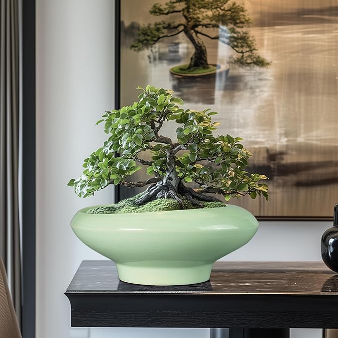 Ceramic Bonsai Pots - Large Succulent Planter 13 Inch Plant Pot Indoor Succulent Pot with Drainage Hole Outdoor Planter Bonsai Tree Pot for House Home Garden Office Decor Green