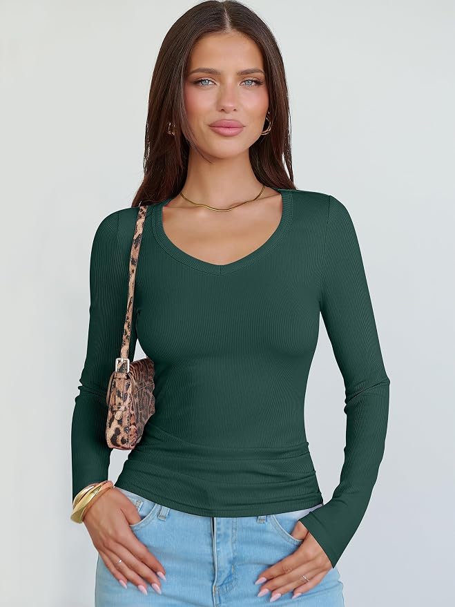 ANRABESS Long Sleeve V Neck Shirts for Women | Soft Comfy Ribbed Knit Fitted Tshirts, Casual Going Out Tops, 2026 Trendy Basic, Fall Winter Underscrub Layering Clothes