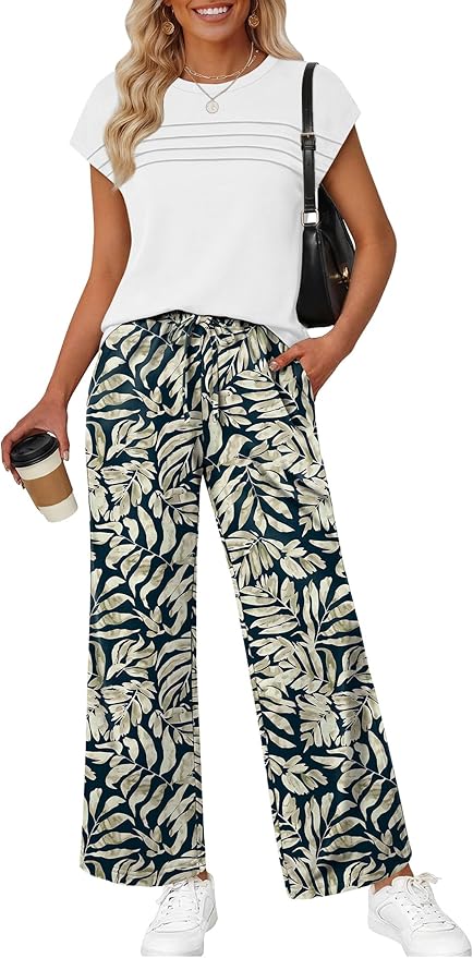 WIHOLL Two Piece Set for Women Summer Spring Outfits Matching Sets Women Clothing Airport Travel Vacation Wide Leg Pants