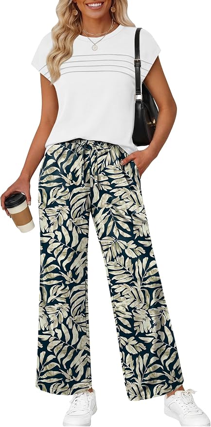 WIHOLL Two Piece Set for Women Summer Spring Outfits Matching Sets Women Clothing Airport Travel Vacation Wide Leg Pants