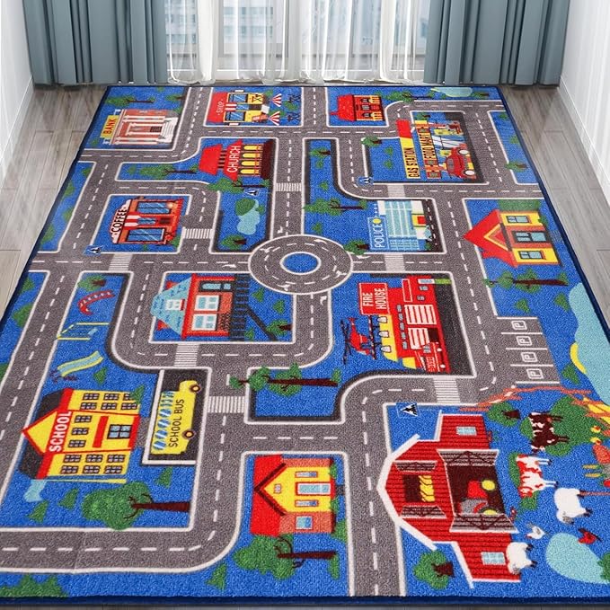 Kids Carpet Playmat Rug 78.7"x59", Car Rug for Kids Cars, Non-Slip Town City Road Map Kids Rug for Playroom Bedroom Boys, Kids Car Mat Road Rug, Track Rug Car Play Rug for Kids (78.7X59Inch,Blue)