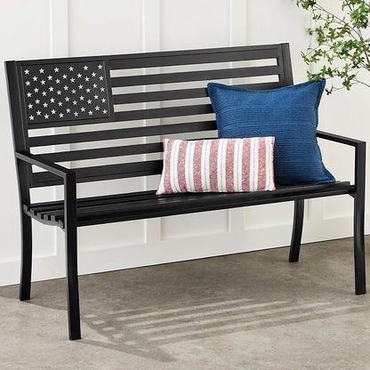 Best Choice Products Outdoor Bench 2-Person Steel Indoor/Outdoor Bench for Garden, Patio, Porch, Entryway w/American Flag, 790lb Capacity – Black