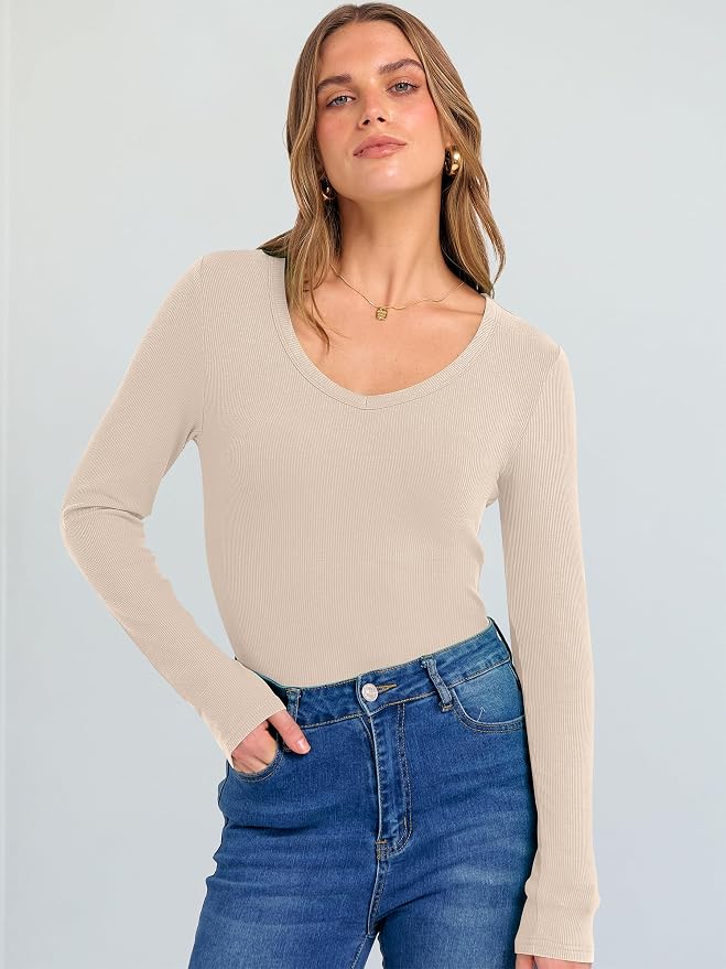 ANRABESS Long Sleeve V Neck Shirts for Women | Soft Comfy Ribbed Knit Fitted Tshirts, Casual Going Out Tops, 2026 Trendy Basic, Fall Winter Underscrub Layering Clothes
