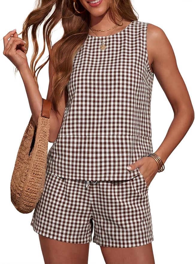 LOMON Women's Trendy 2 Piece Outfits Shorts Sets Summer Crew Neck Sleeveless Tank Top and Bottom Matching with Pockets 2026