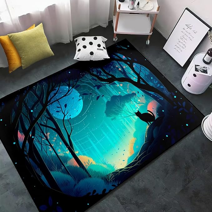Cat Rug - Magic Black Cat Rug for Home Decor Moon Black Cat Rug for Boys Room Cat Door Mats Outdoor Entrance Forestscape Cat Rug, 4x5 Feet