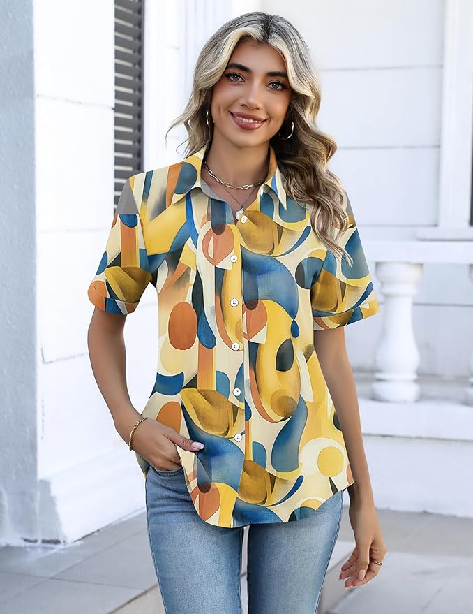 Zeagoo Button Down Shirts for Women Short Sleeve Collared Tops Dressy Casual V Neck Blouses