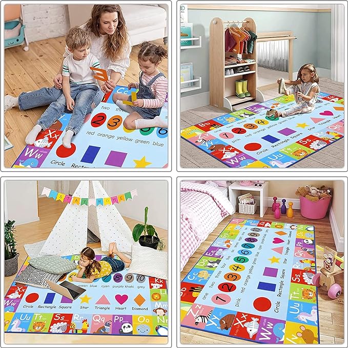 HEBE Kids Play Rug 3'4"x5' ABC Alphabet Numbers Shapes Educational Kid Area Rug Washable Baby Crawling Mat Non Slip Kid Play Mat Carpet for Girl Boy Bedroom Playroom