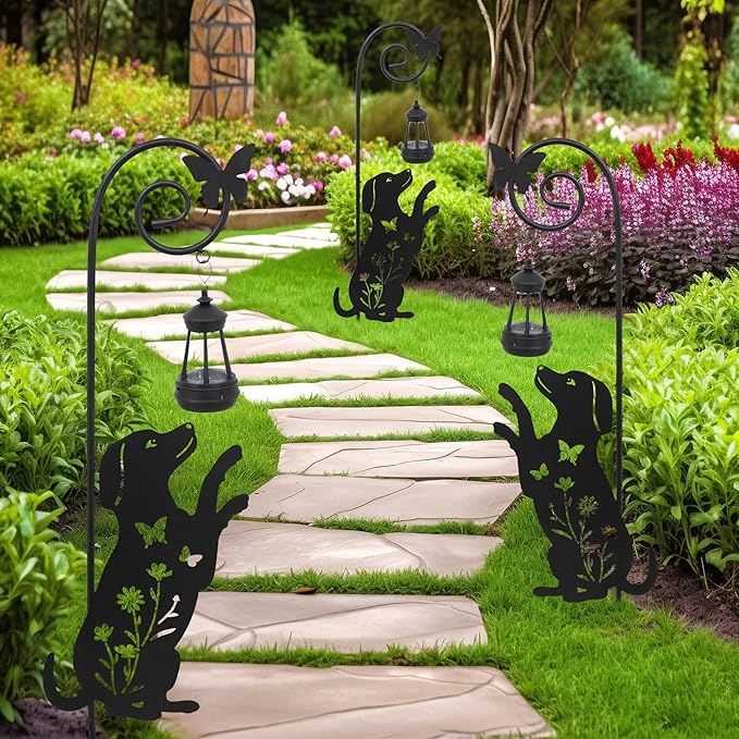 Solar Dog Lantern Garden Stakes - Outdoor Decorative Solar Lights for Yard, Patio, Pathway - Weatherproof Metal Dog Stake with Auto Night Lighting