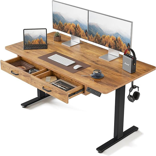 FEZIBO Adjustable Height Electric Standing Desk with Double Drawer, 55x 24 Inches Stand Up Home Office Desk with Splice Tabletop, Black Frame/Fir Brown Top