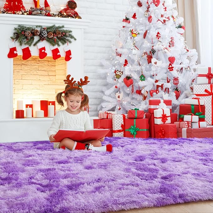 AROGAN Soft Rainbow Area Rugs for Girls Room 4x6 Feet, Fluffy Girls Bedroom Rugs, Princess Rug, Cute Colorful Carpet for Kids Teens Nursery Toddler, Purple