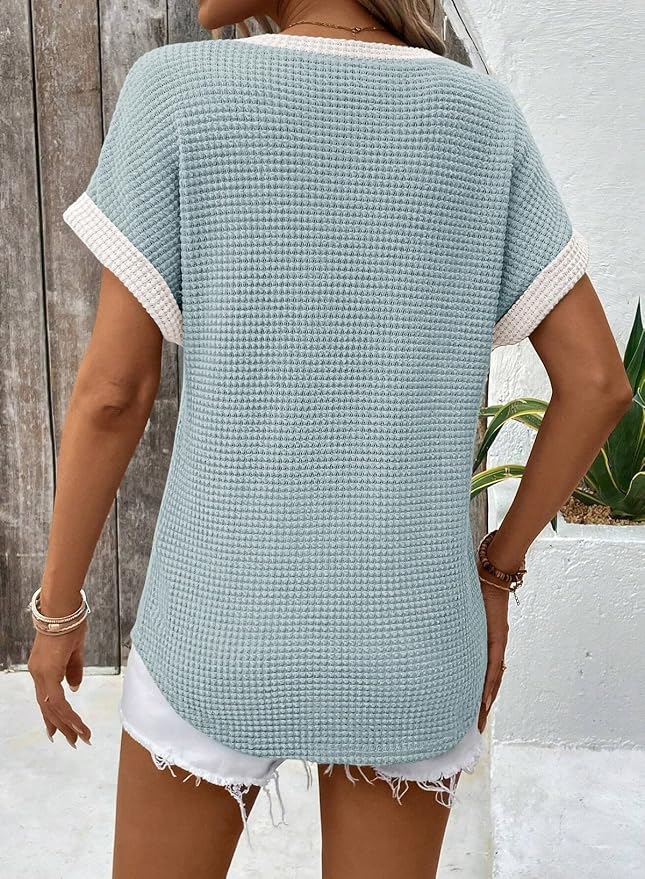 Dokotoo Womens Waffle Knit Tops 2026 Spring Summer V Neck Shirts Casual Trendy Women's Blouses Basic Tee