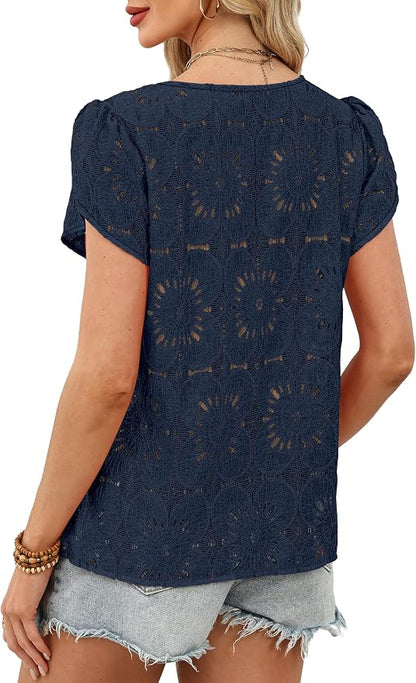 OFEEFAN Blouses for Women Dressy Casual Petal Short Sleeve Shirts Crochet Lace Boho Tops Spring Fashion Summer Outfits