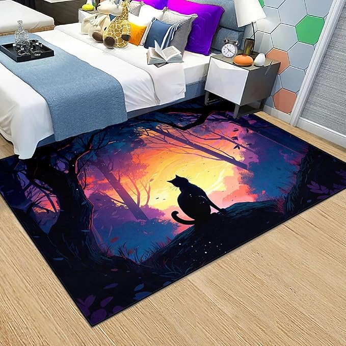 Magic Black Cat Rug - Moon Cat Rug for Girls Room Forestscape Cat Area Rug Black Cat Door Mat Colorful Rug with Black Cat Pattern, 2.5x4 Feet