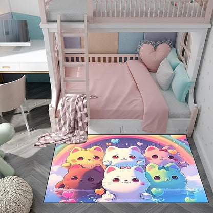 Rainbow Cat Rug for Girls - Colorful Cat Rug for Kids Bedroom Cute Cartoon Cat Pattern Rug Lovely Cat Rugs Room Decor Anime Cat Area Rug, 5x7 Feet