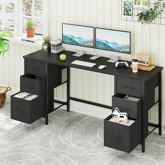 63'' Office Desk with 6 Fabric File Drawers - File Drawer Organization, Computer Work Desk, Study Writing Table, Home Office Workstation, Black