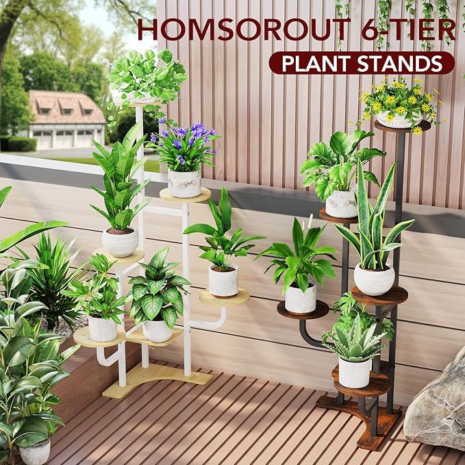Corner Plant Stand with Grow Light - 6 Tier Plant Stand Indoor Round Metal Plant Shelf with Adjustable Light, Plant Organizer for Living Room, Graden, Home Decor (Maple)