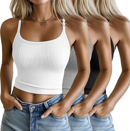 Ficerd 3 Pack Women's Tank Tops 95% Cotton Spaghetti Strap Ribbed Crop Camisole Slim Fitted Basic Summer Sleeveless Layer