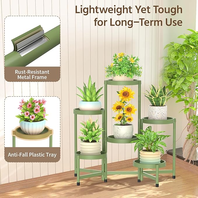 LASZOLA 6 Tiered Folding Plant Stand Indoor for Multiple Large Planter, Tall Heavy Duty Adjustable Rack with Rust Proof Plastic Shelving, Sturdy Vertical Tree Organizer for Narrow Inside Floor, Green