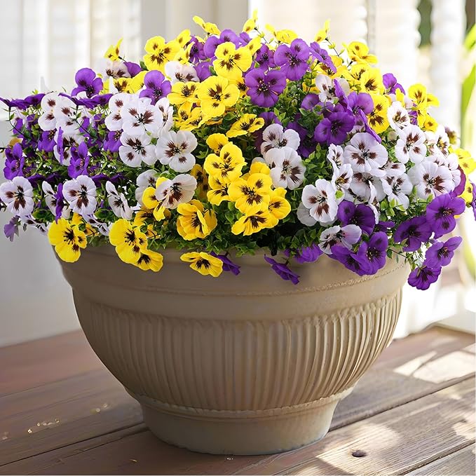 18 Pcs Artificial Fake Pansy Flowers for Outdoor, Faux Silk Pansies Spring Flowers for Outside for Planter Front Door Porch Yard Patio Window Box Home Decor (18, Purple, Yellow, White)