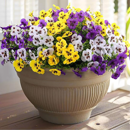 18 Pcs Artificial Fake Pansy Flowers for Outdoor, Faux Silk Pansies Spring Flowers for Outside for Planter Front Door Porch Yard Patio Window Box Home Decor (18, Purple, Yellow, White)