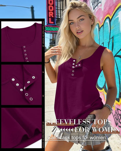Ficerd 3 Pack Women's Henley Tank Tops Sleeveless Button Down Summer Shirts 2026 Casual Trendy Loose U Neck Tee Blouses