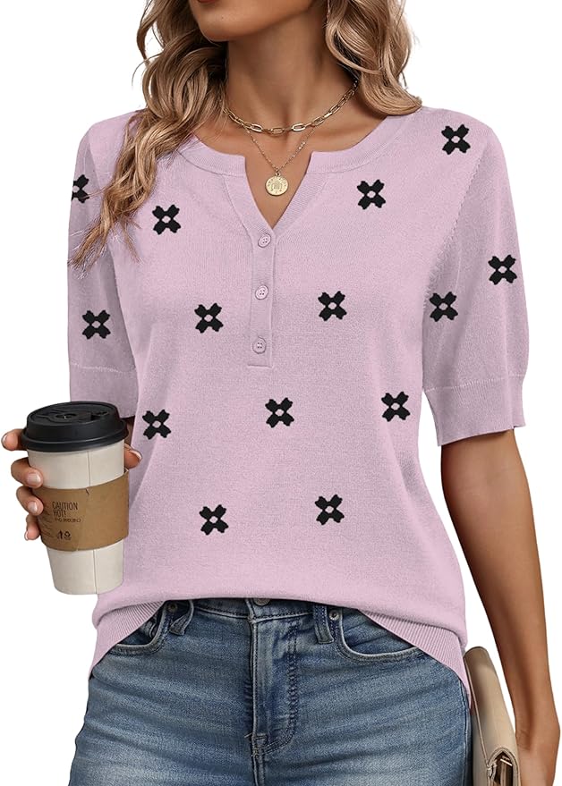 Zeagoo Women's Short Sleeve Sweater 2026 Spring Summer Tops Lightweight Casual V Neck Sweaters Dressy Work Blouses Clothes