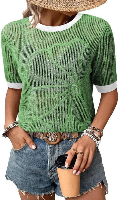 Dokotoo Womens Summer Short Sleeve Crochet Tops Hollow Out Floral Sweaters Beach Vacation Cruise Outfits