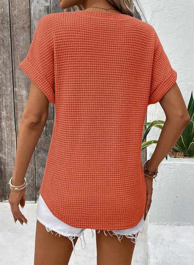 Dokotoo Womens Waffle Knit Tops 2026 Spring Summer V Neck Shirts Casual Trendy Women's Blouses Basic Tee