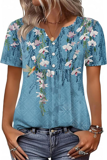 Zeagoo Womens Short Sleeve Tops Summer Henley V-Neck Tshirts Casual Pleated Blouse Dressy Loose Floral Basic Tee