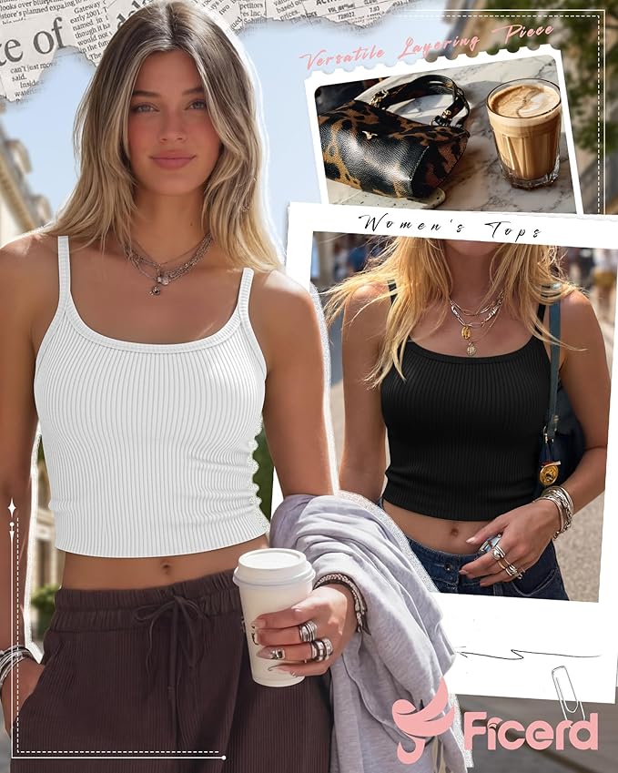 Ficerd 3 Pack Women's Tank Tops 95% Cotton Spaghetti Strap Ribbed Crop Camisole Slim Fitted Basic Summer Sleeveless Layer