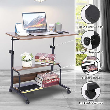 Portable Desk Small Desks for Small Spaces Laptop Table Brown Rolling Adjustable Desk on Wheels Mobile Couch Desk for Bedroom Home Office Computer Standing Desk Student Desk with Storage 32x16 Inch