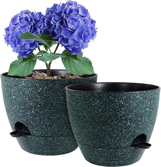 10 inch Self Watering Pots, Planter, Plant Pots with Mesh Drainage Holes for Indoor Outdoor House Plants and Garden, 2 Pack Plastic Flower Pots with Reservoir, Black with Green Speckles