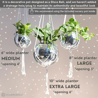 SCANDINORDICA Disco Ball Planter – Value Package: Mirror Disco Planter with Chain, Macrame Hanger and Acrylic Stand for Desk, Includes Self Watering Insert, Eclectic Home Decor | 10 inch Silver